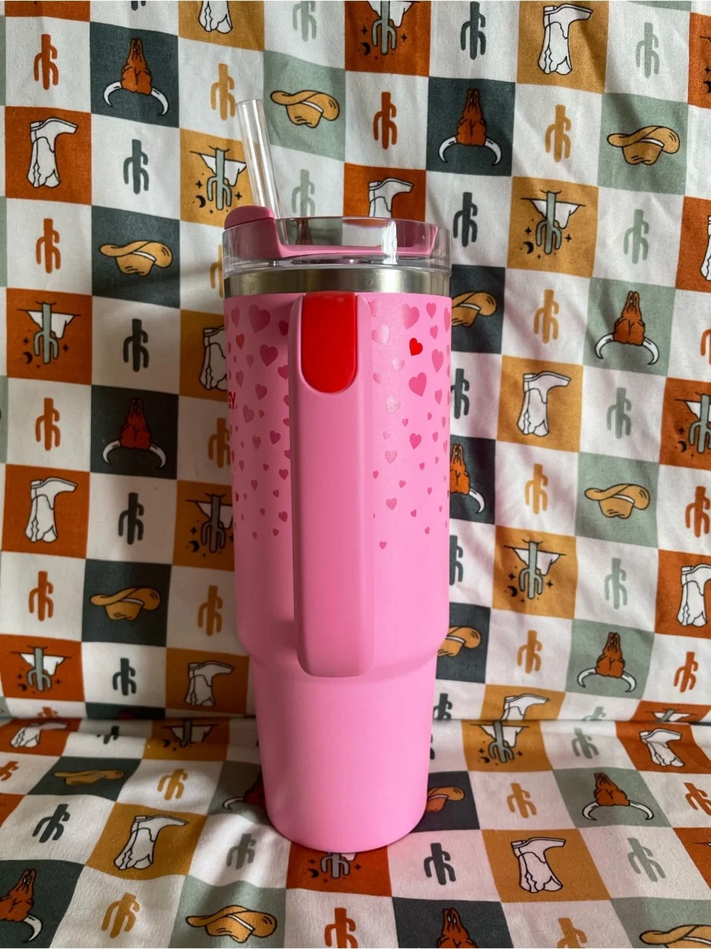 Stanley 30 oz Pink Heart Tumbler with Straw and Handle